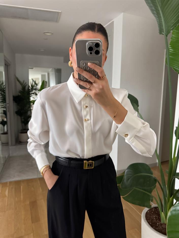 Gold Düğmeli Saten Gömlek- Ekru