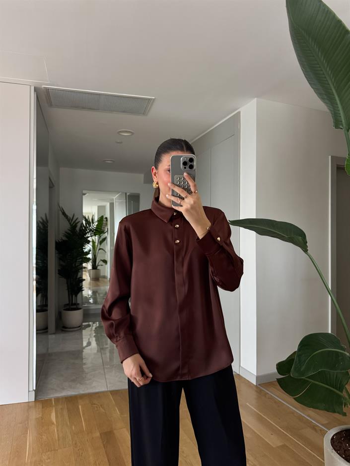 Gold Düğmeli Saten Gömlek- Kahve