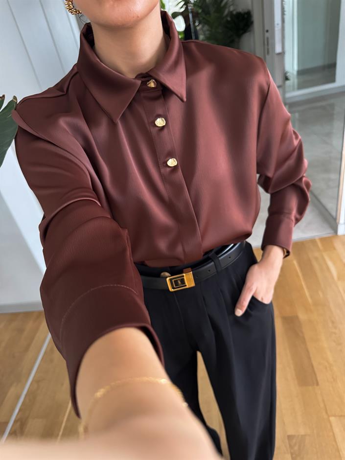 Gold Düğmeli Saten Gömlek- Kahve