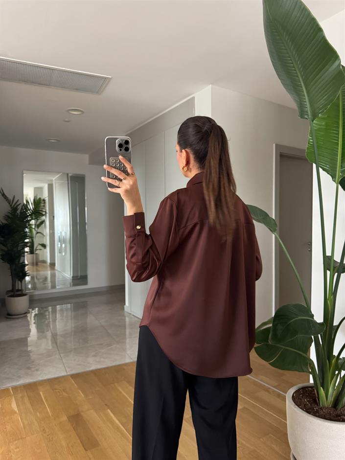 Gold Düğmeli Saten Gömlek- Kahve