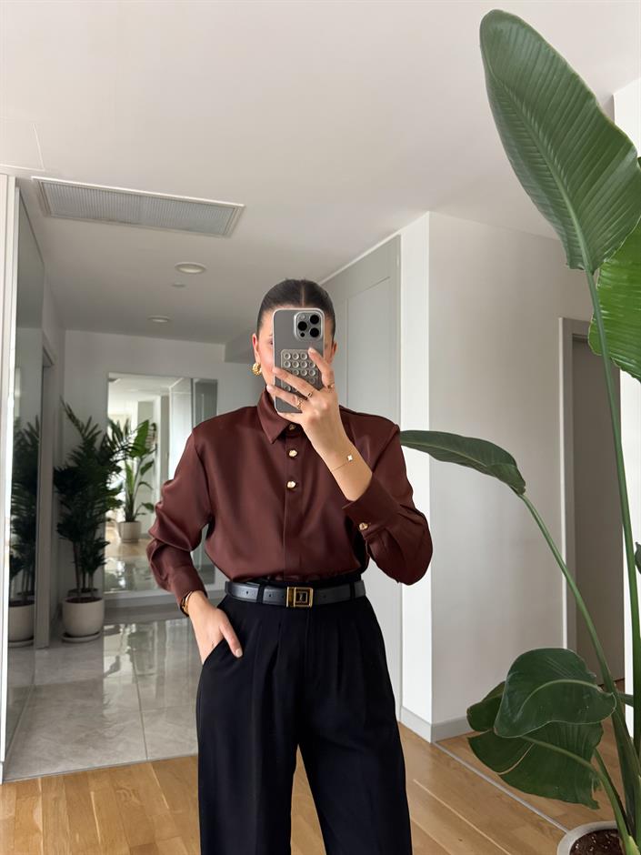 Gold Düğmeli Saten Gömlek- Kahve