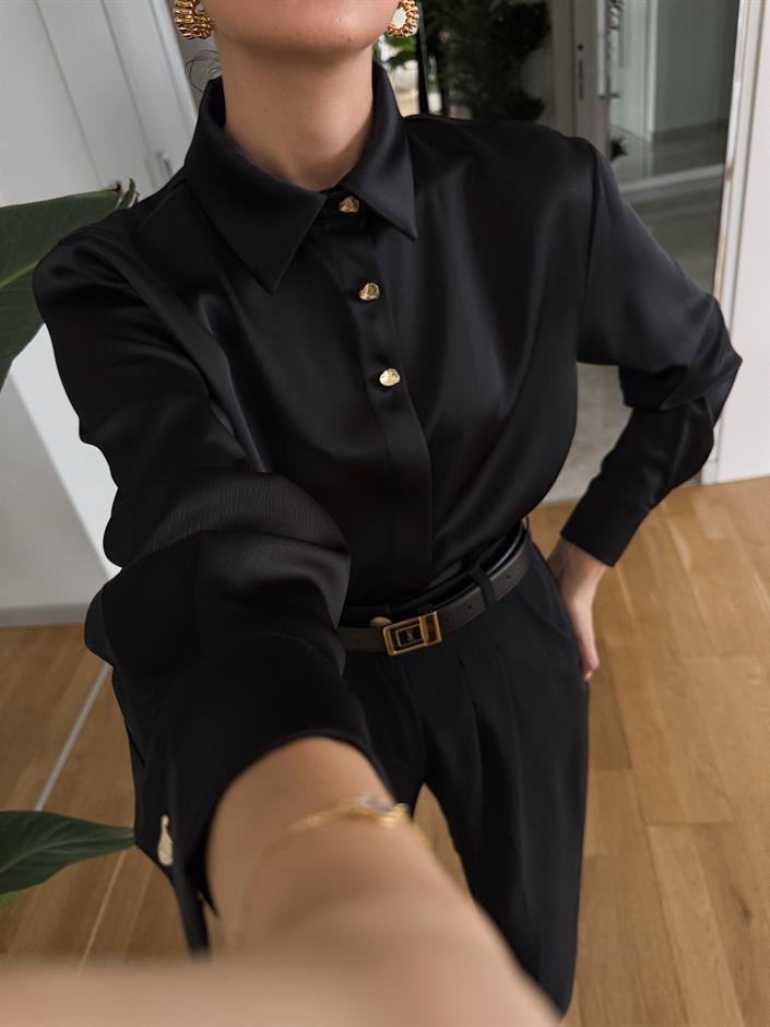 Gold Düğmeli Saten Gömlek- Siyah