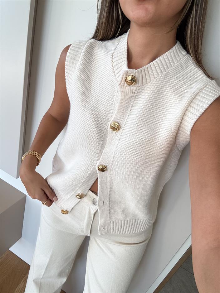 Gold Düğmeli Yelek - Ekru