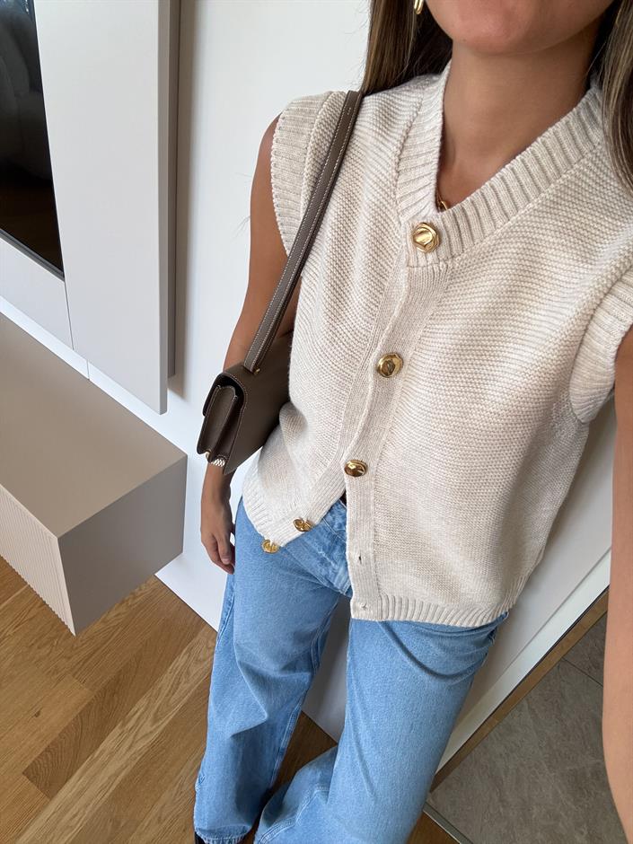 Gold Düğmeli Triko Yelek - Taş