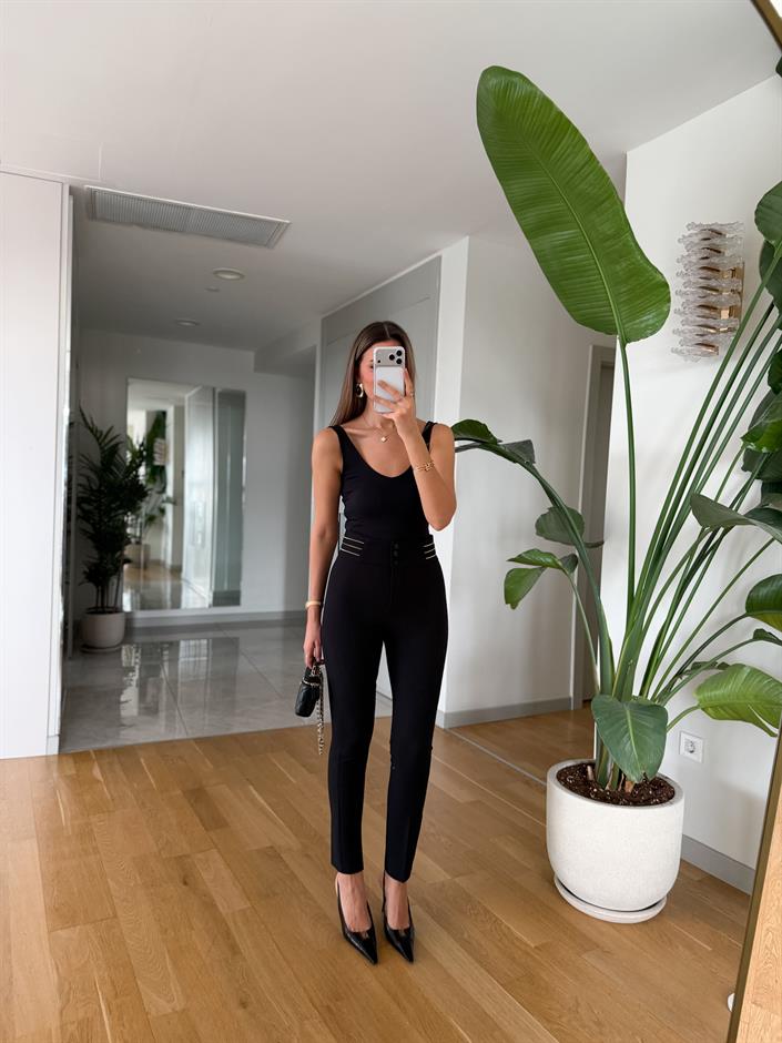 Gold Fermuar Detaylı Kumaş Pantolon - Siyah