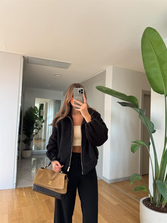 Gold Fermuarlı Tüylü Bomber Ceket - Siyah