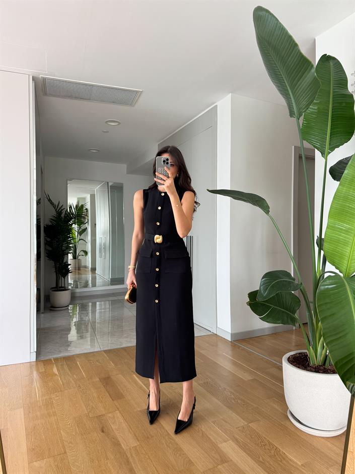 Gold Toka Kemerli Midi Elbise- Siyah