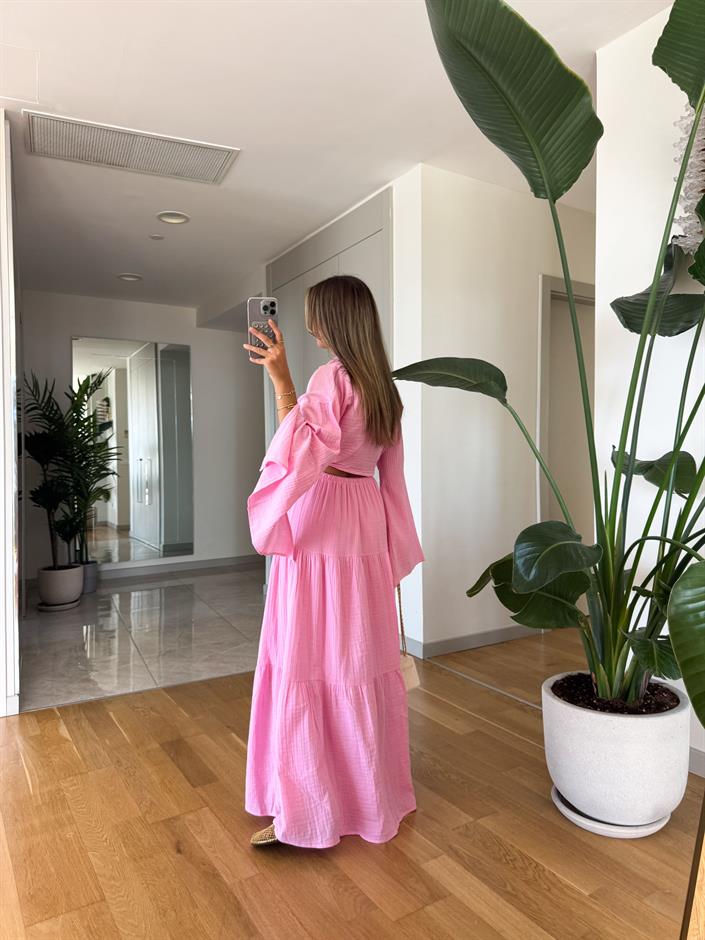 Gömleği Bağlamalı Etekli Takım - Pembe
