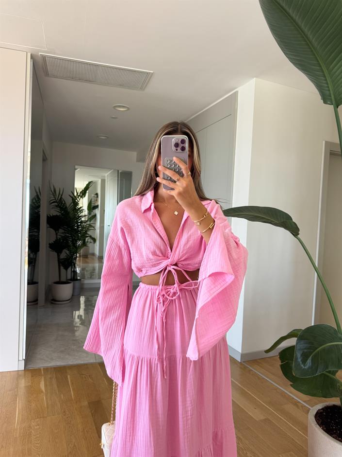 Gömleği Bağlamalı Etekli Takım - Pembe