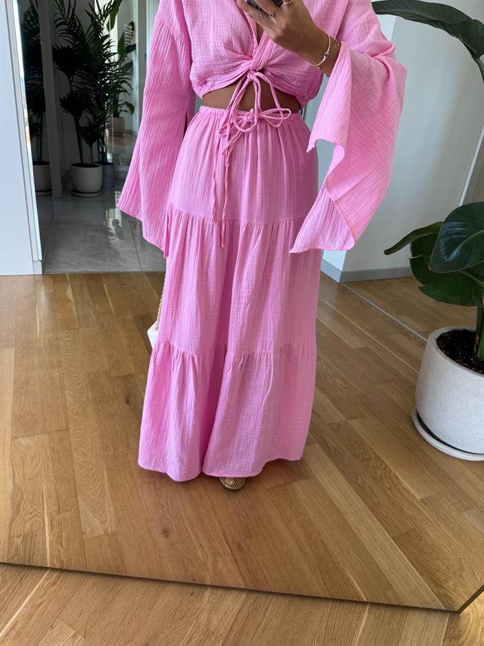 Gömleği Bağlamalı Etekli Takım - Pembe