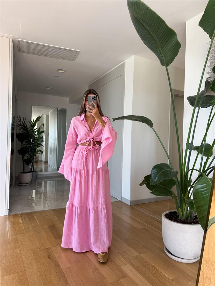 Gömleği Bağlamalı Etekli Takım - Pembe
