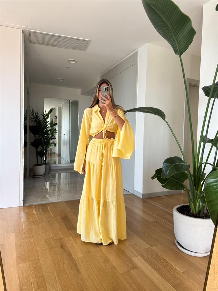 Gömleği Bağlamalı Etekli Takım - Sarı