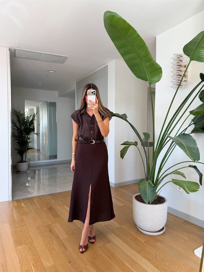 Gömlek Garnili Kemerli Elbise - Kahve