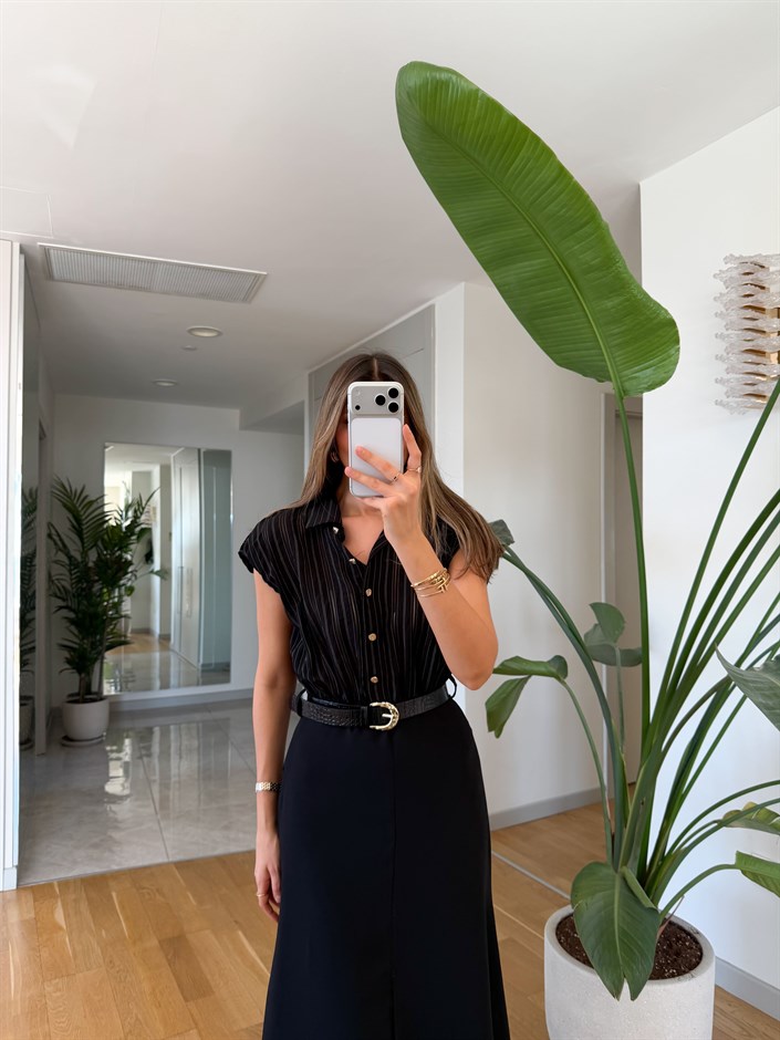 Gömlek Garnili Kemerli Elbise - Siyah