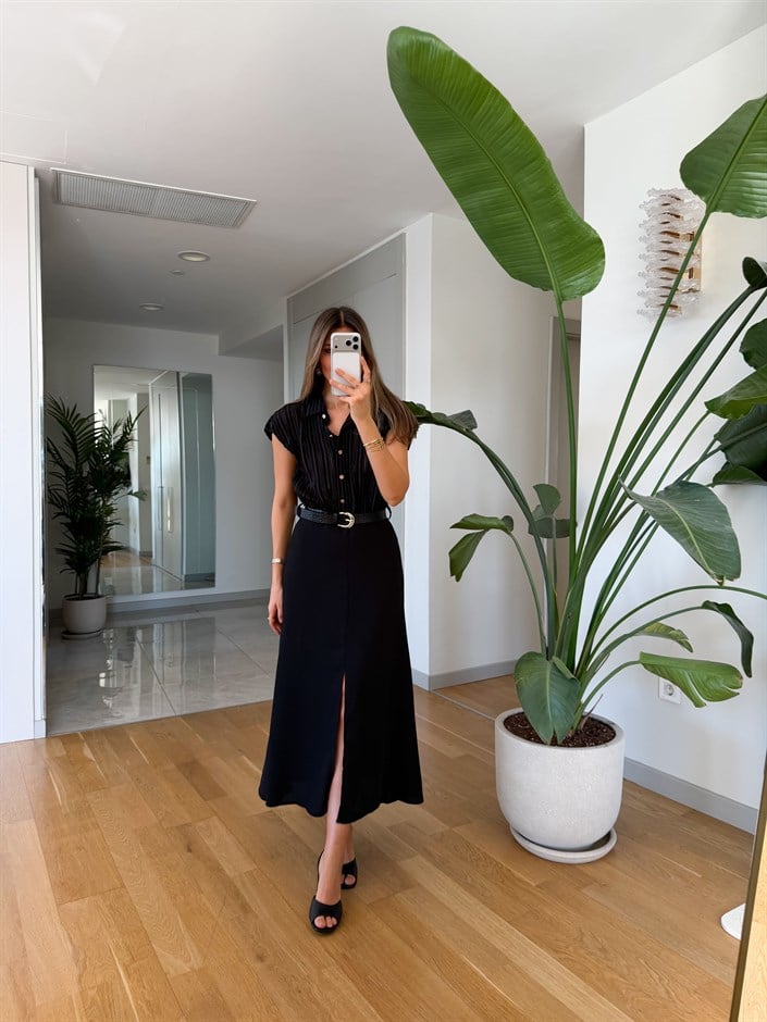 Gömlek Garnili Kemerli Elbise - Siyah