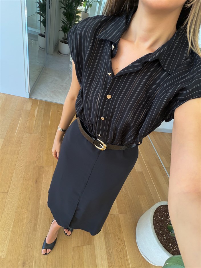 Gömlek Garnili Kemerli Elbise - Siyah