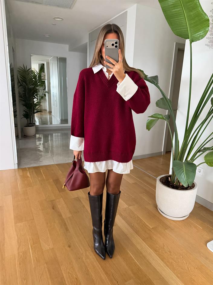 Gömlek Görünümlü Triko Elbise - Bordo