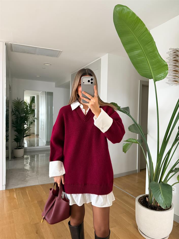 Gömlek Görünümlü Triko Elbise - Bordo