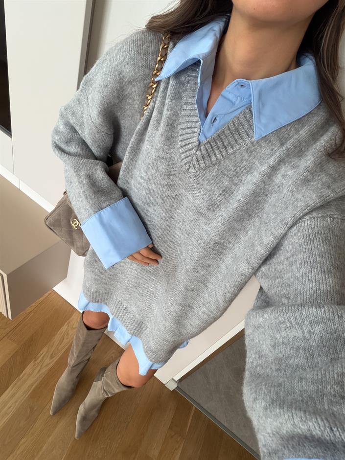 Gömlek Görünümlü Triko Elbise - Gri