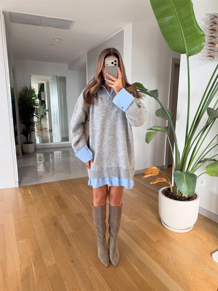 Gömlek Görünümlü Triko Elbise - Gri