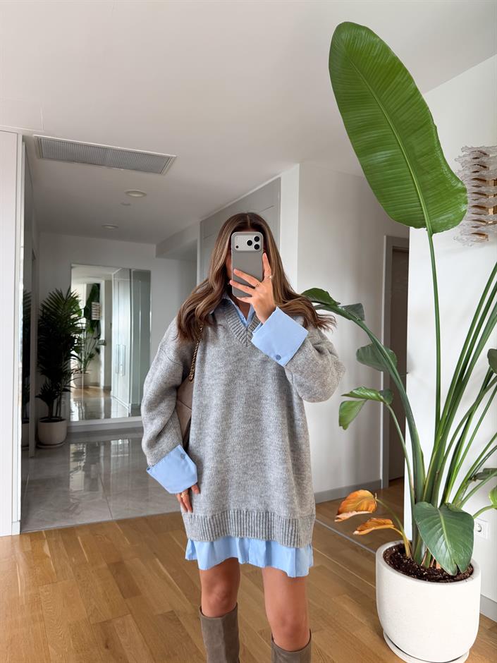 Gömlek Görünümlü Triko Elbise - Gri