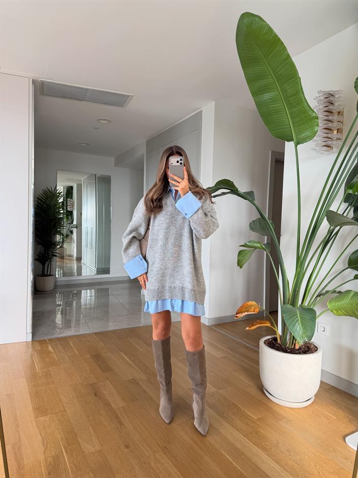 Gömlek Görünümlü Triko Elbise - Gri