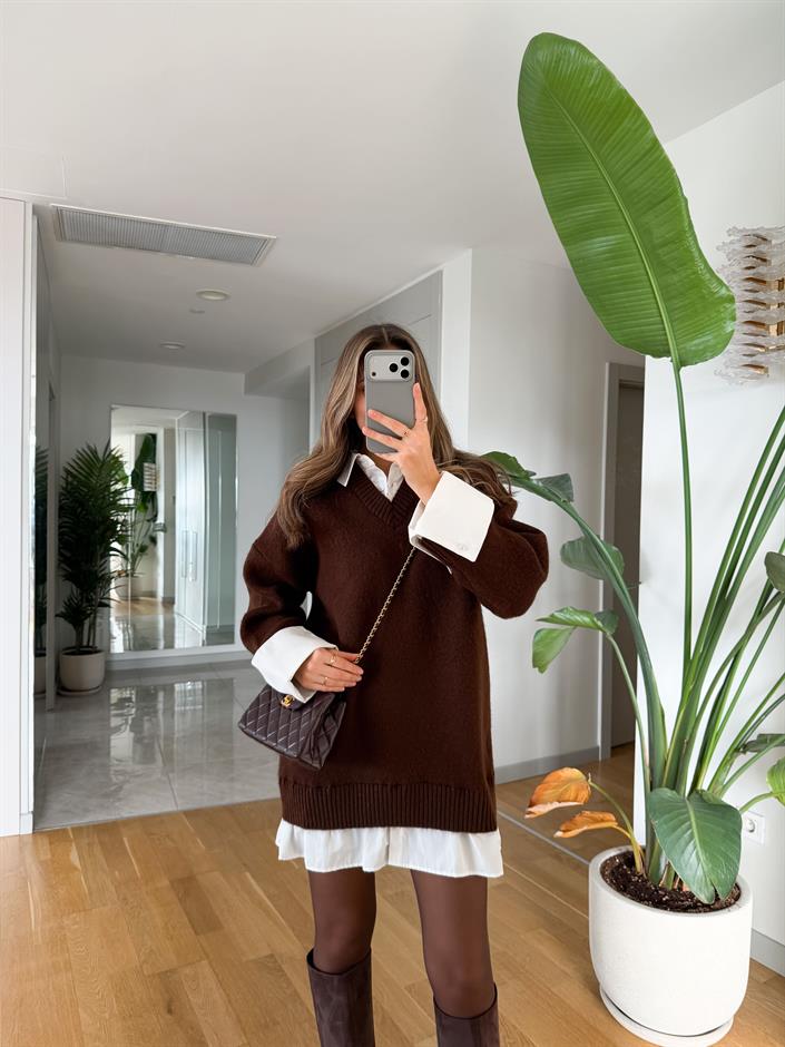 Gömlek Görünümlü Triko Elbise - Kahve