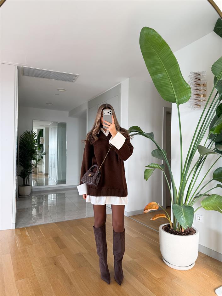 Gömlek Görünümlü Triko Elbise - Kahve