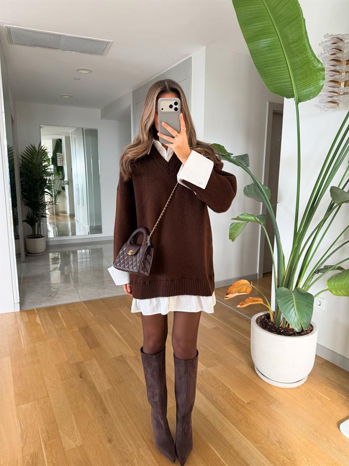 Gömlek Görünümlü Triko Elbise - Kahve