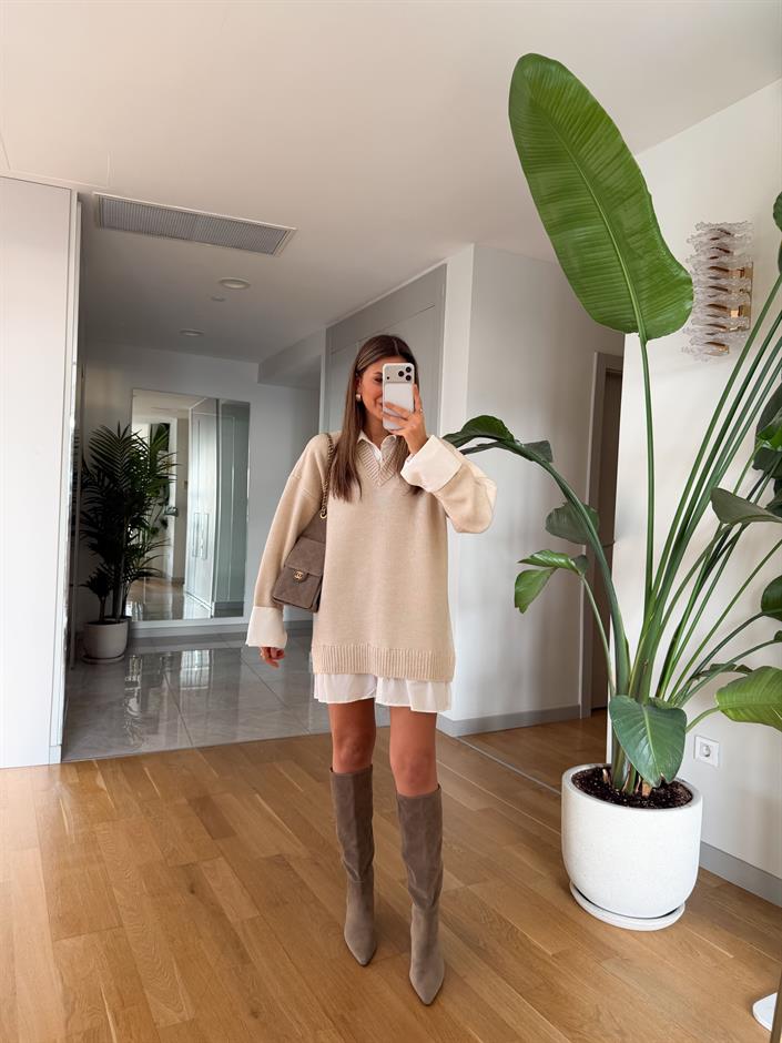 Gömlek Görünümlü Triko Elbise - Taş 