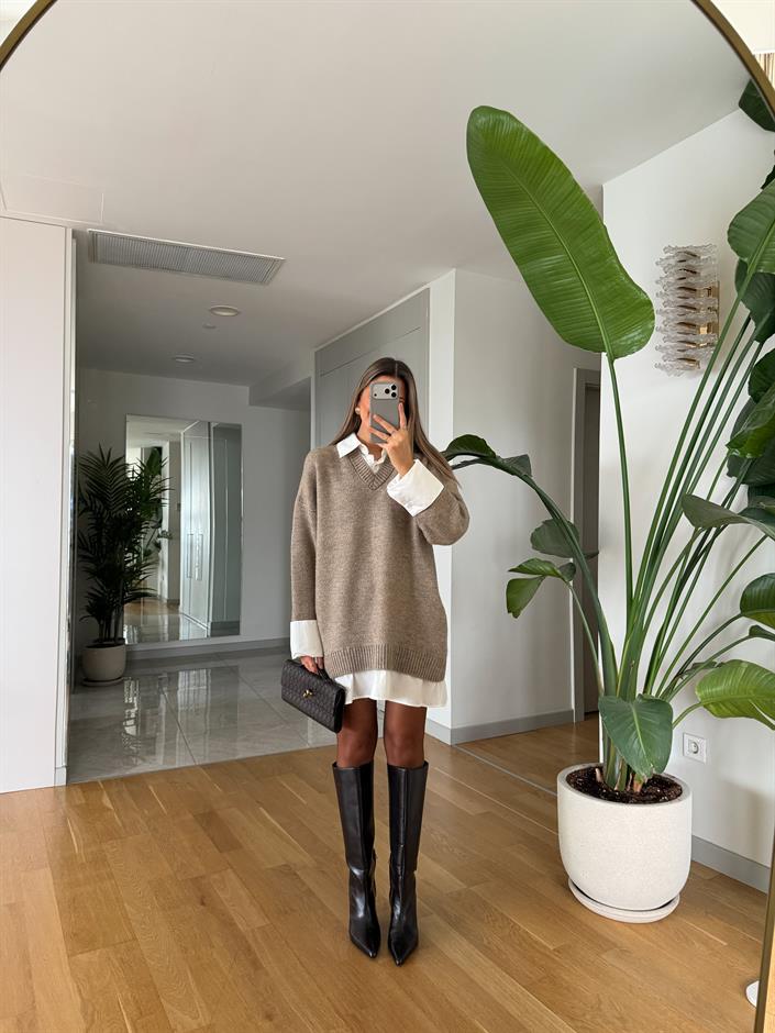 Gömlek Görünümlü Triko Elbise - Vizon