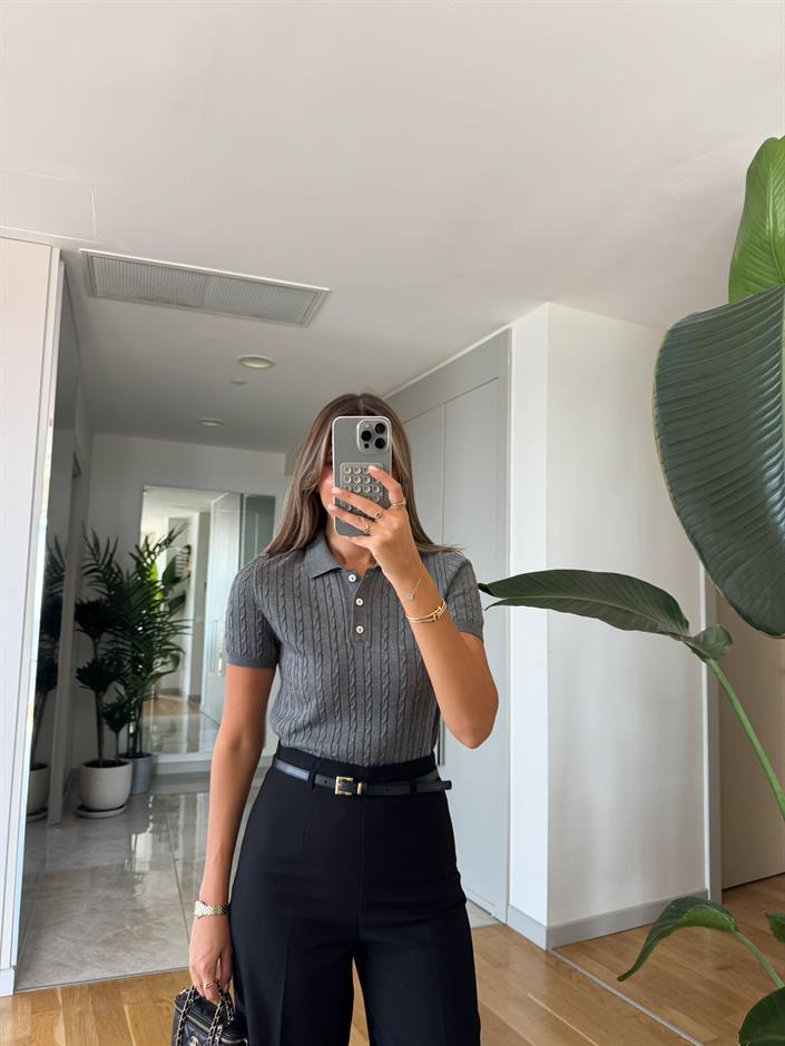 Gri Saç Örgülü Polo Yaka Triko 