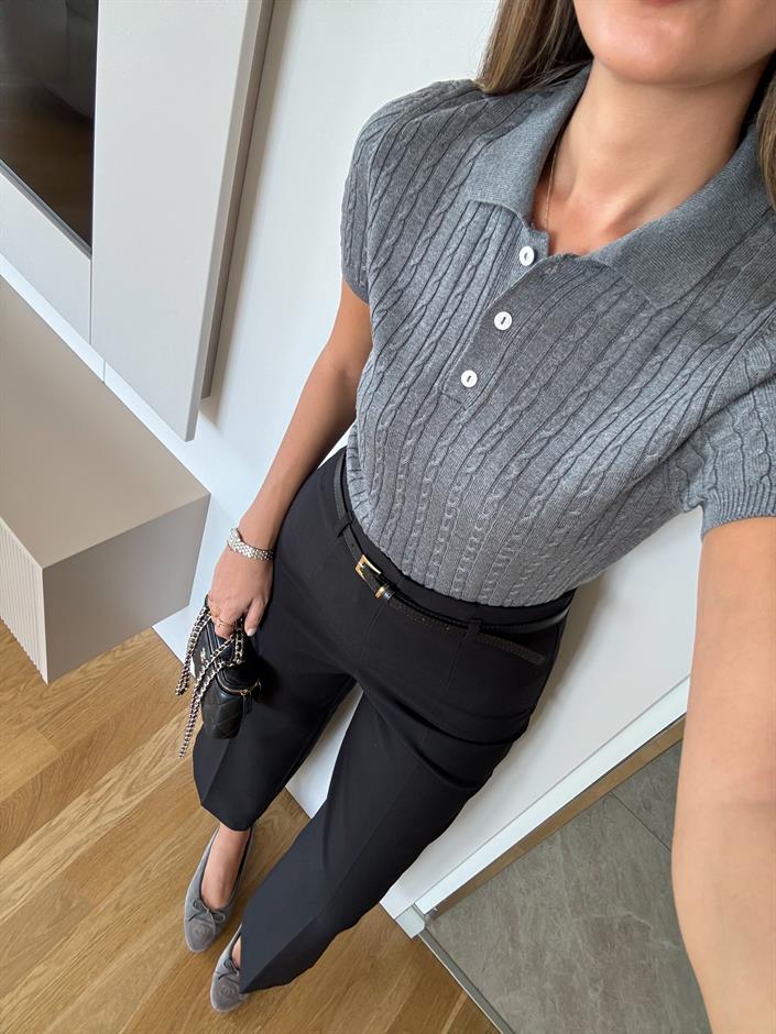 Gri Saç Örgülü Polo Yaka Triko 