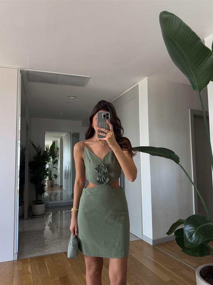 Gül Detaylı Askılı Elbise- Mint