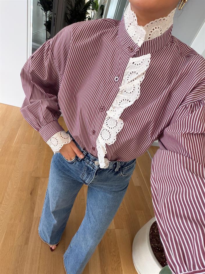 Güpürlü Çizgili Gömlek - Bordo