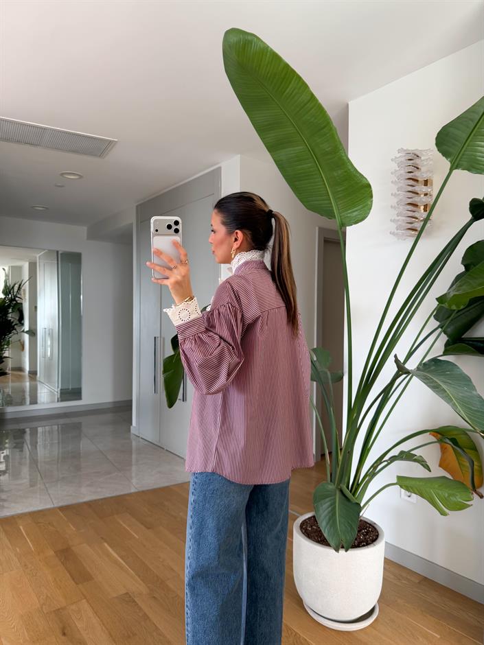 Güpürlü Çizgili Gömlek - Bordo