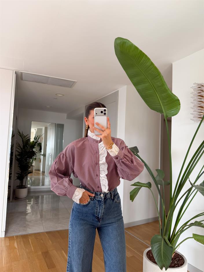 Güpürlü Çizgili Gömlek - Bordo