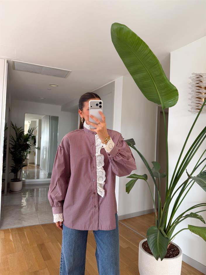 Güpürlü Çizgili Gömlek - Bordo