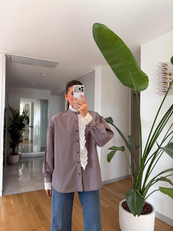 Güpürlü Çizgili Gömlek - Kahve