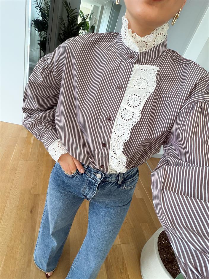 Güpürlü Çizgili Gömlek - Kahve