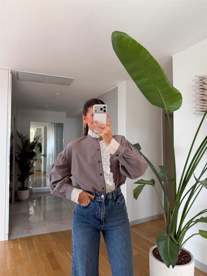 Güpürlü Çizgili Gömlek - Kahve