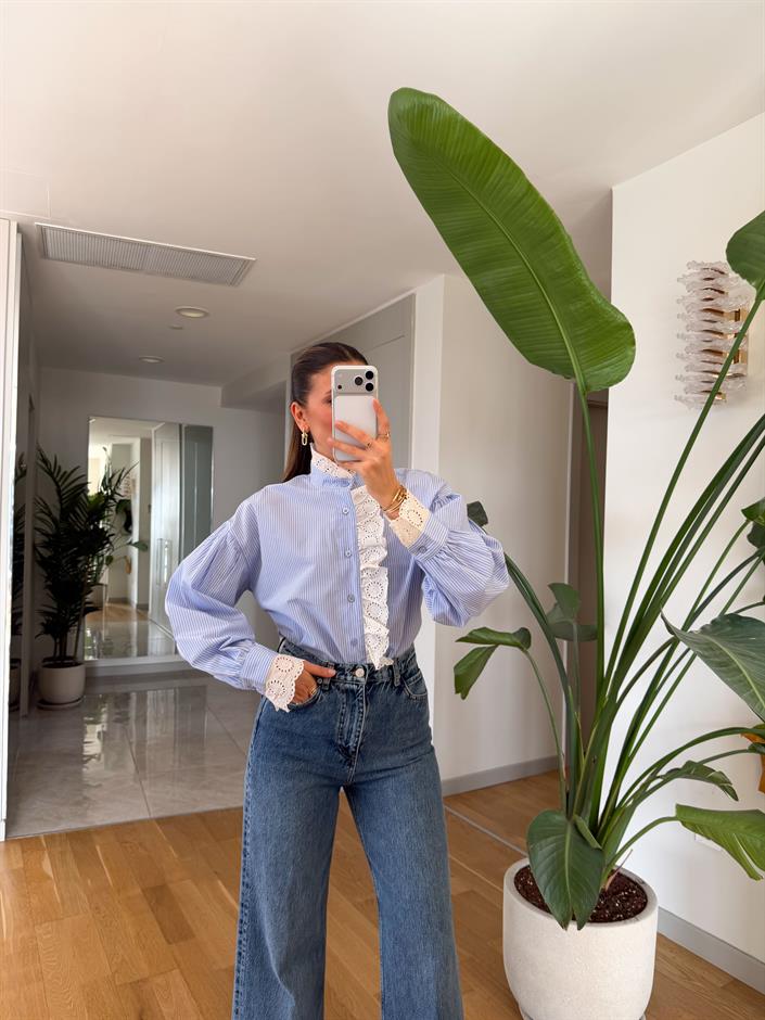 Güpürlü Çizgili Gömlek - Mavi 