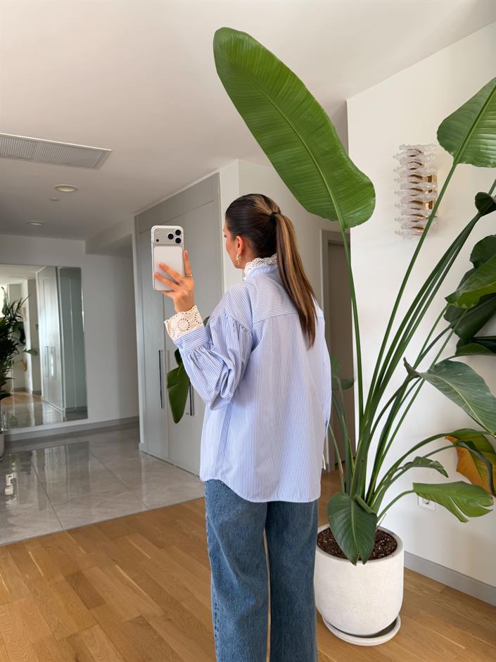 Güpürlü Çizgili Gömlek - Mavi 