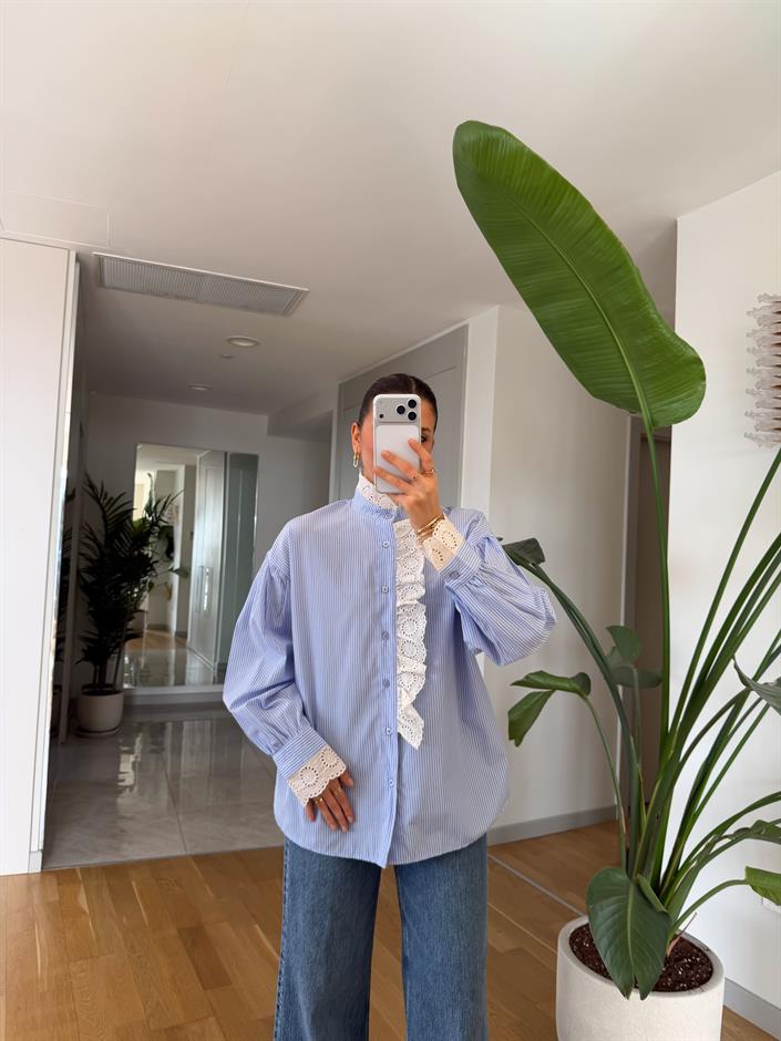 Güpürlü Çizgili Gömlek - Mavi 