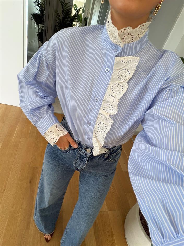 Güpürlü Çizgili Gömlek - Mavi 