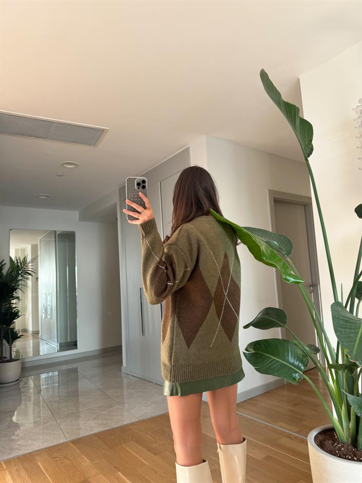 Haki Kahve Baklava Desenli Kazak