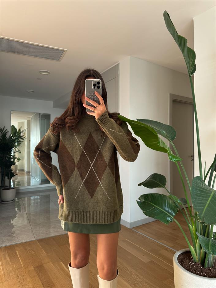 Haki Kahve Baklava Desenli Kazak