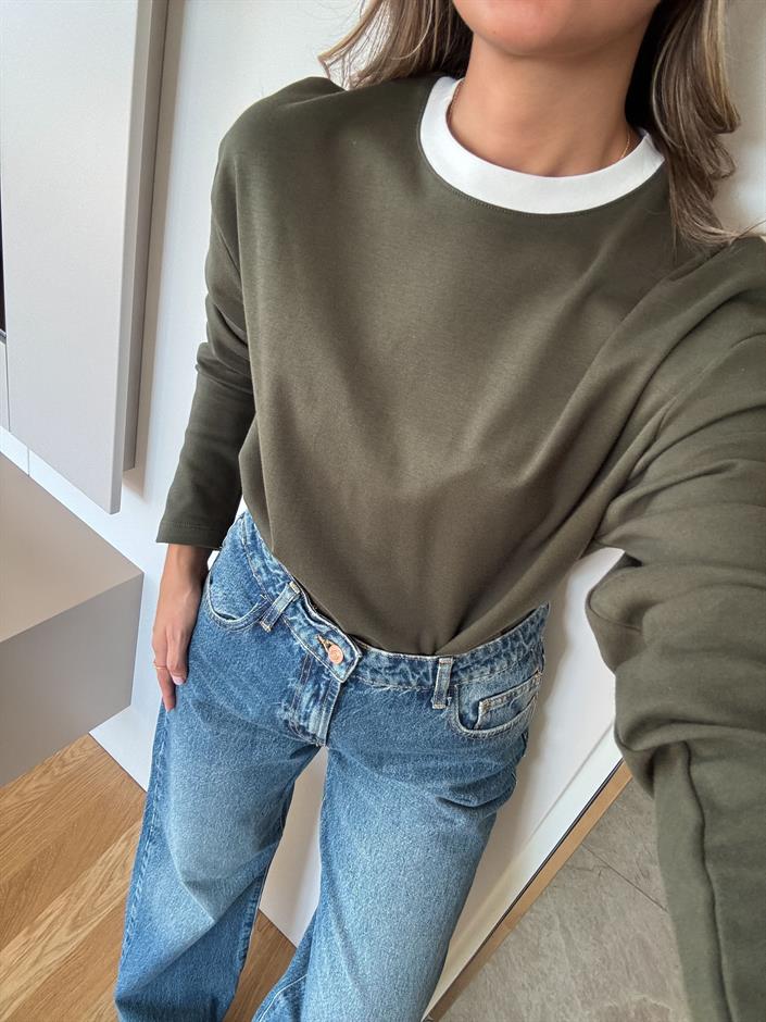 Haki Yakası Ekru Biyeli Pamuklu Bluz