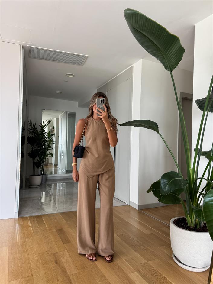 Halter Yaka Arkası Bağlama Detaylı Bluz Pantolon Takım - Kahve