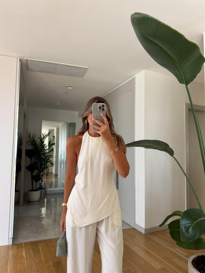 Halter Yaka Arkası Bağlama Detaylı Bluz Pantolon Takım - Ekru 